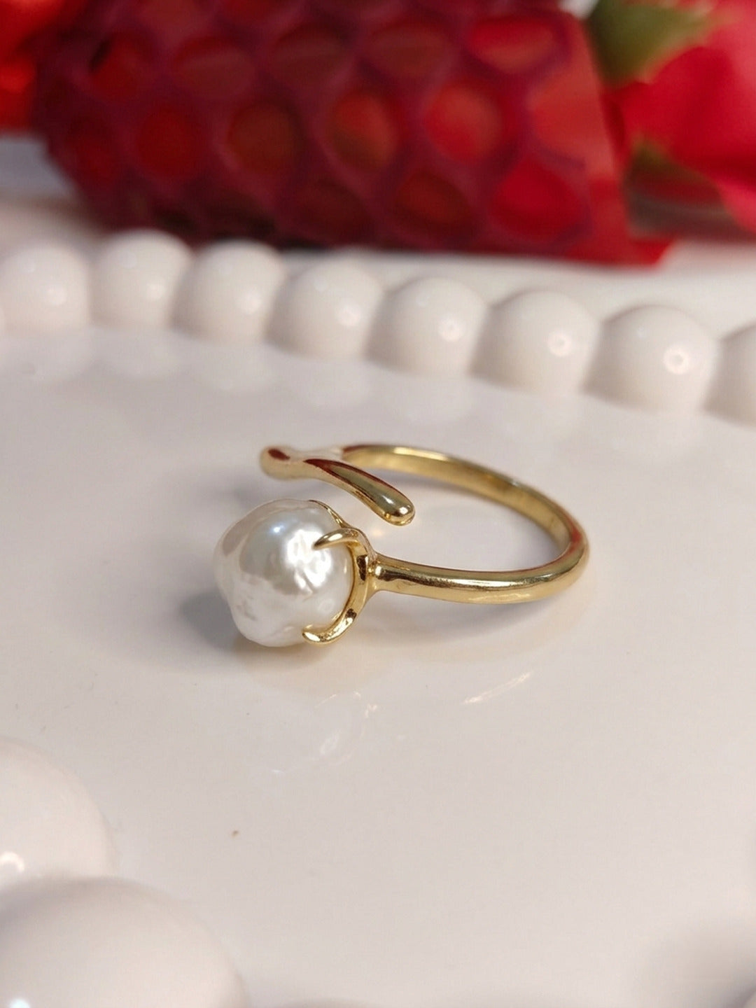 Shafaf Gold Plated Baroque Pearl Bypass Ring for Women, Anti-Tarnish Handmade Irregular Cultured Pearl Statement Ring I Unique Organic Minimalist Jewelry Adjustable Open Band Gifting for Her