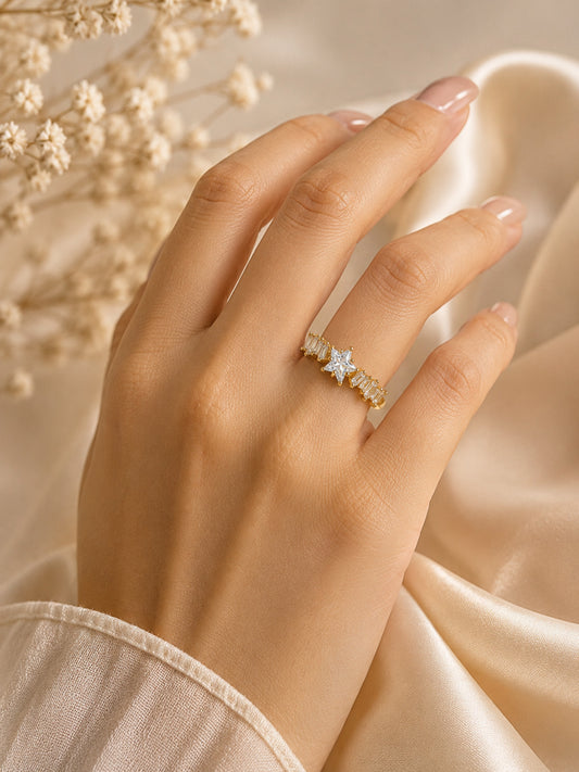 Shafaf Gold-Plated Star & Baguette AD Anti-Tarnish Adjustable Ring