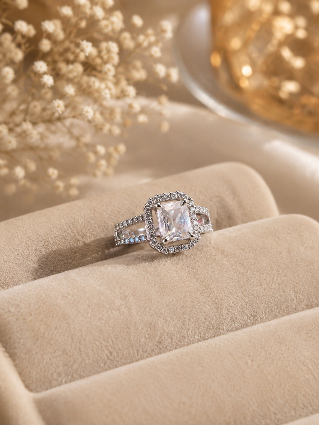 Shafaf Silver-Plated Emerald-Cut Halo AD Adjustable Ring