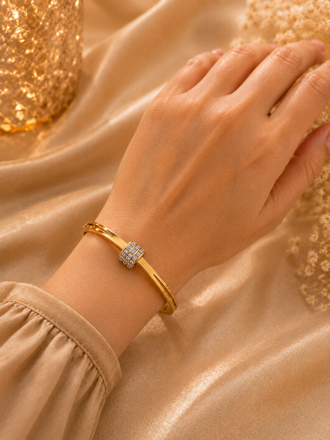 Shafaf Gold-Plated Pave AD Barrel Center Anti-Tarnish Adjustable Bracelet