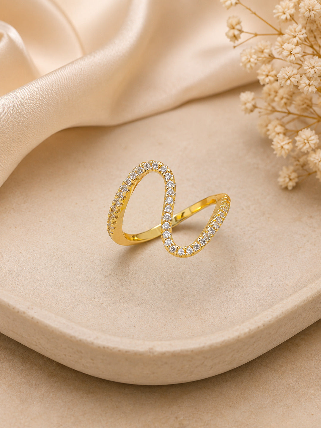 Shafaf Gold-Plated Wavy Pave AD Anti-Tarnish Adjustable Ring