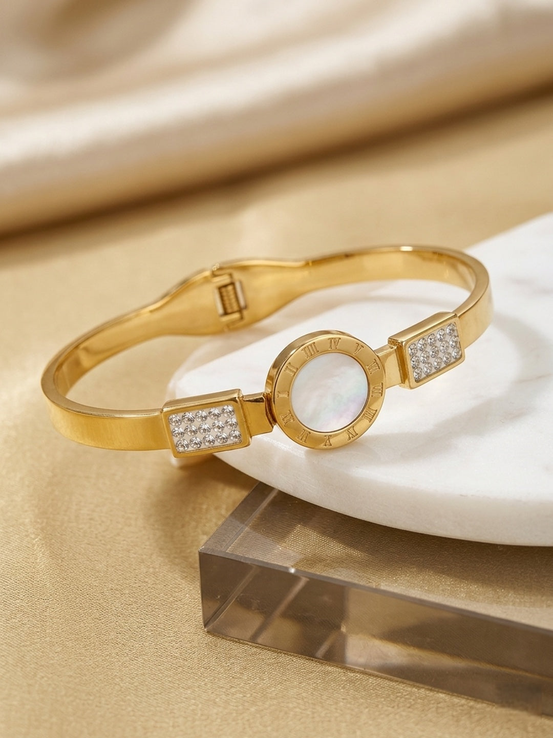 Shafaf Gold Plated Bangle Bracelet for Women I Elegant Mother of Pearl & Tarnish-Free Cuff Bracelet
