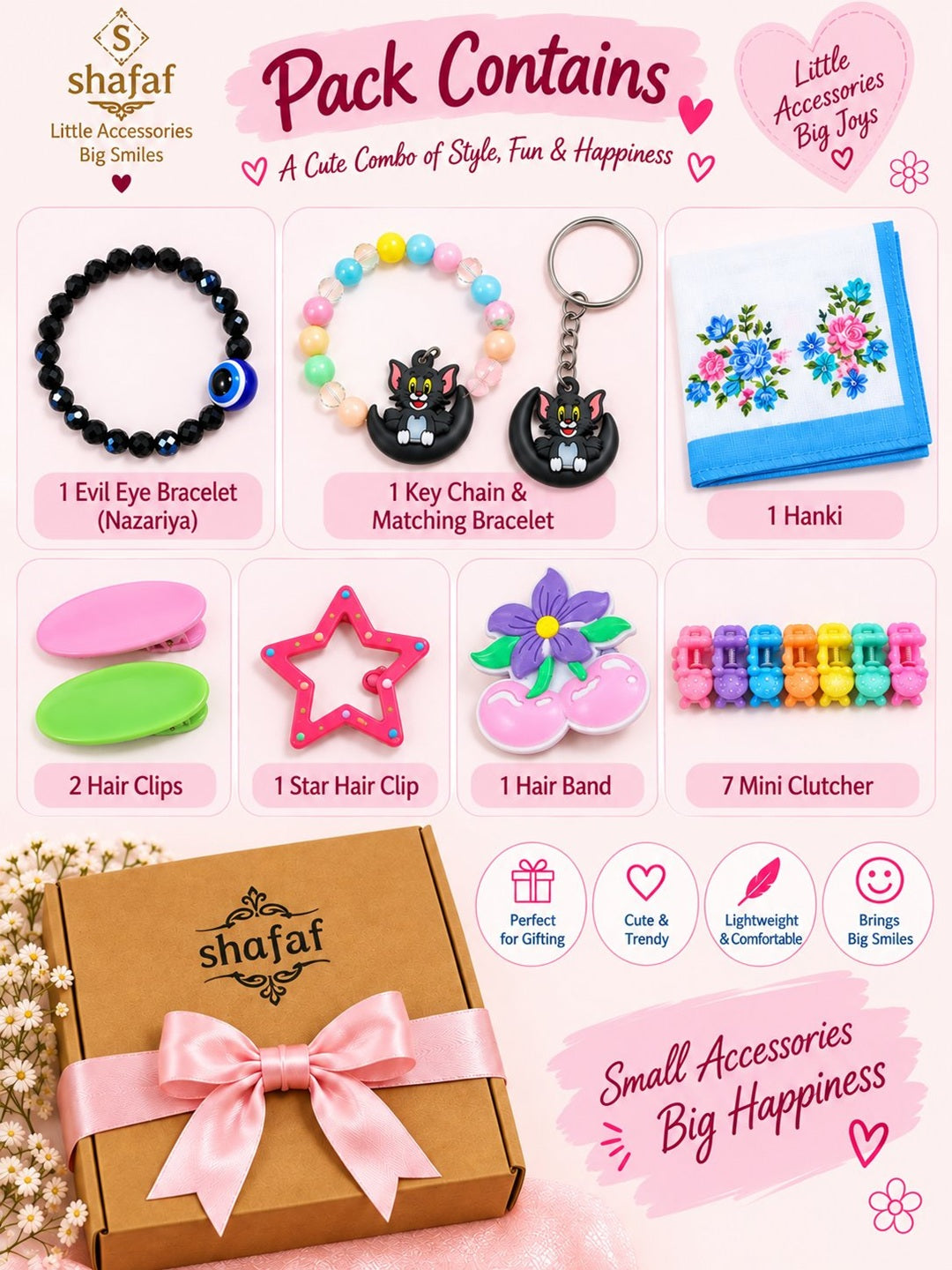 Girls gift set with bracelet, evil eye nazariya, key ring, hair clips, hair band and mini clutchers