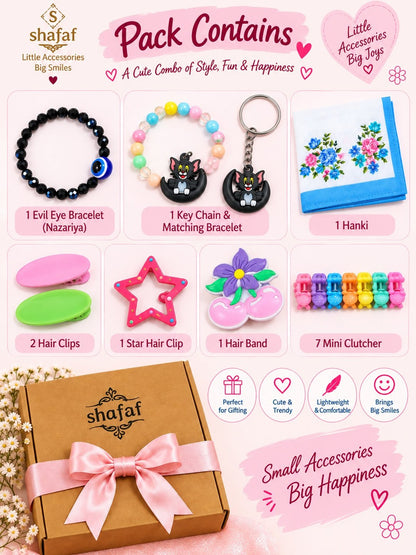 Girls gift set with bracelet, evil eye nazariya, key ring, hair clips, hair band and mini clutchers