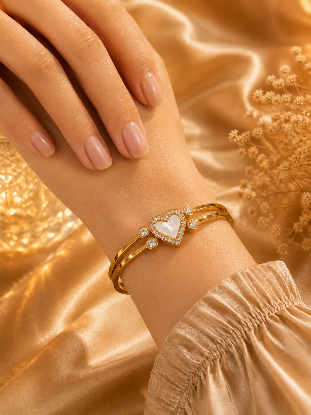 Shafaf Gold-Plated Mother of Pearl Heart & AD Stones Anti-Tarnish Adjustable Bracelet