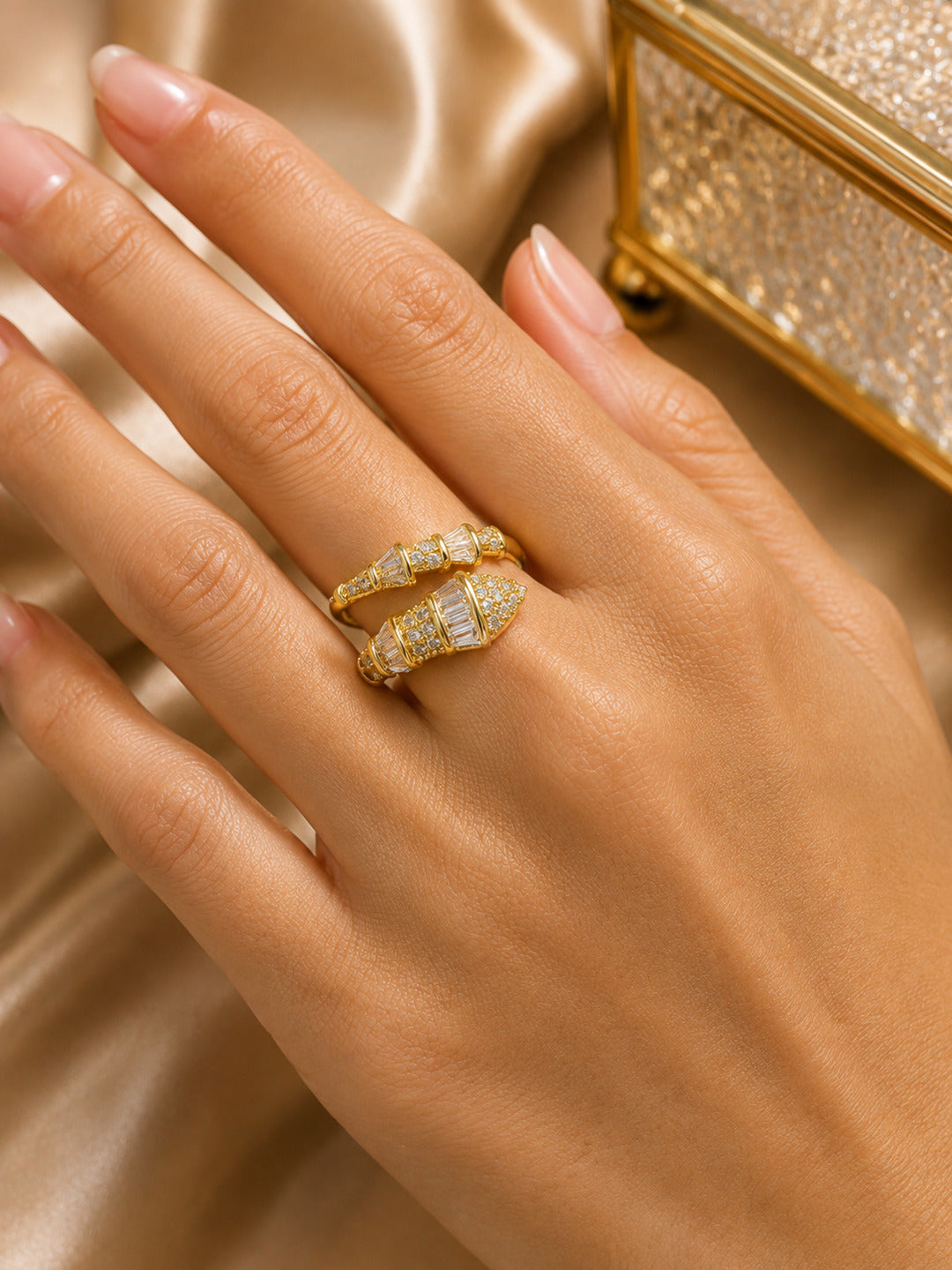 Shafaf Gold-Plated Croissant Dome Baguette & Pave AD Anti-Tarnish Adjustable Ring