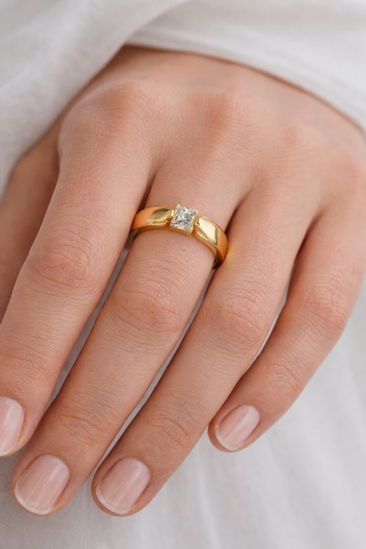 Shafaf Minimalist Princess-Cut Solitaire Ring for Women I Premium Gold-Plated Anti-Tarnish Adjustable Band I Modern Geometric Statement Jewelry for Everyday Elegance