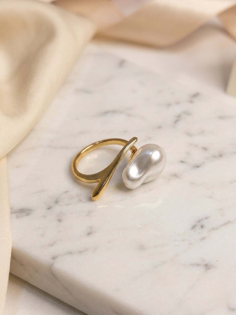 Shafaf Anti-Tarnish Baroque Pearl Ring for Women, Gold Plated Adjustable Irregular Pearl Statement Ring I Minimalist Jewelry, Ideal Gifting & Bridal Accessories - 1pc