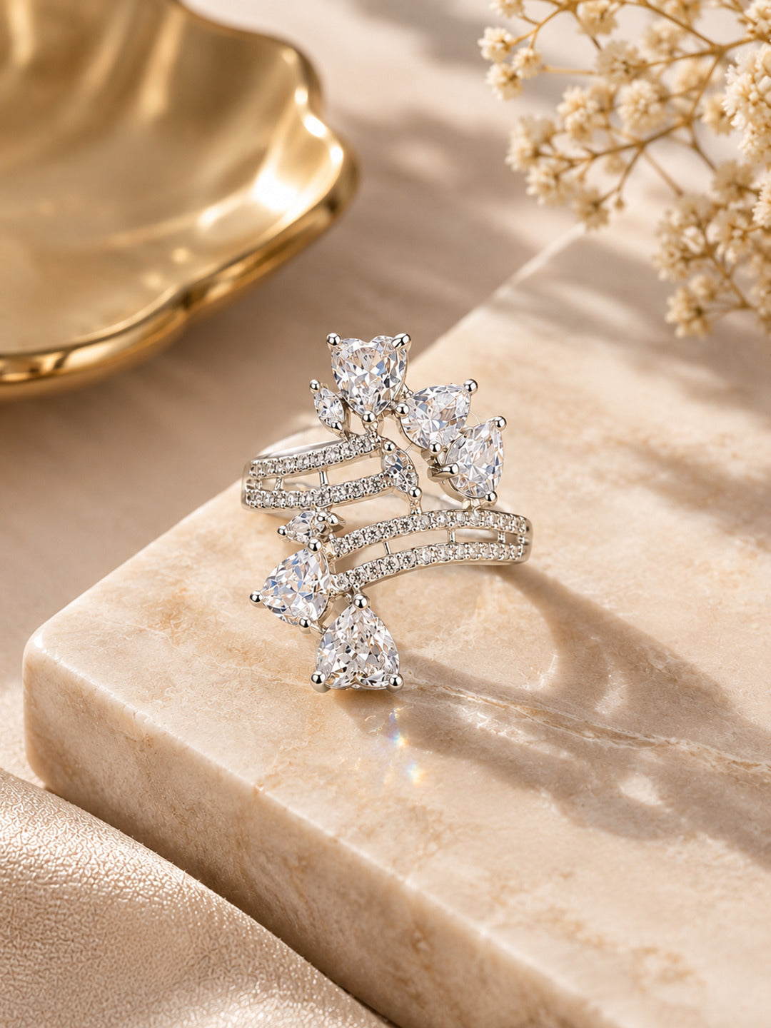 Shafaf Silver-Plated Sparkling AD Stone Cluster Adjustable Ring