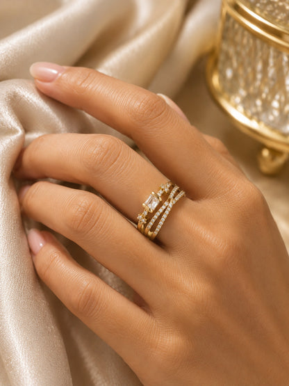 Shafaf Gold-Plated Multi-Band Baguette & Pave AD Anti-Tarnish Adjustable Ring