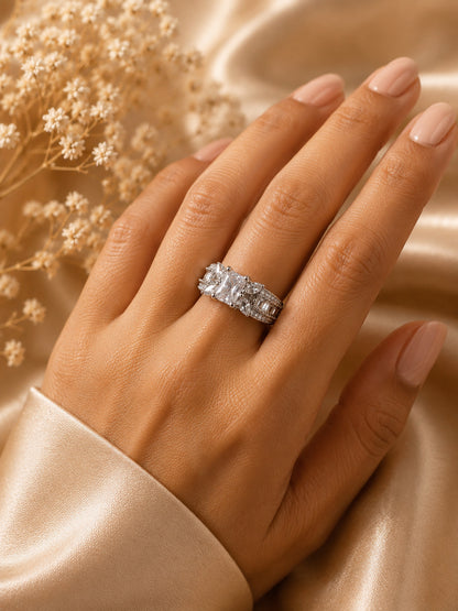 Shafaf Silver-Plated Radiant & Marquise AD Anti-Tarnish Adjustable Ring