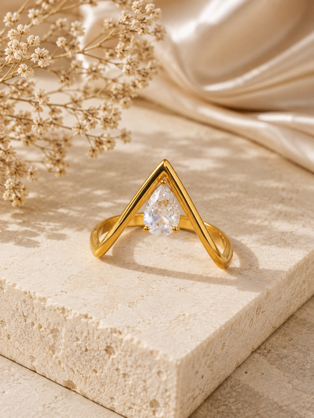 Shafaf Gold-Plated V-Shaped Solitaire Adjustable Ring