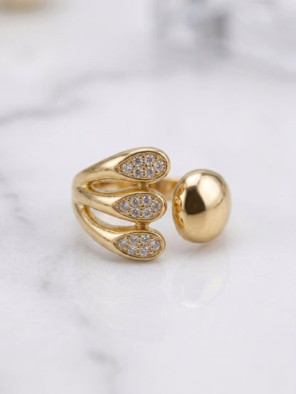 Shafaf Gold Plated Triple Leaf Pavé Open Ring for Women I Anti-Tarnish Sculptural Statement Ring I Artistic Adjustable Bypass Band with Sparkling Zirconia I Modern Geometric Jewelry