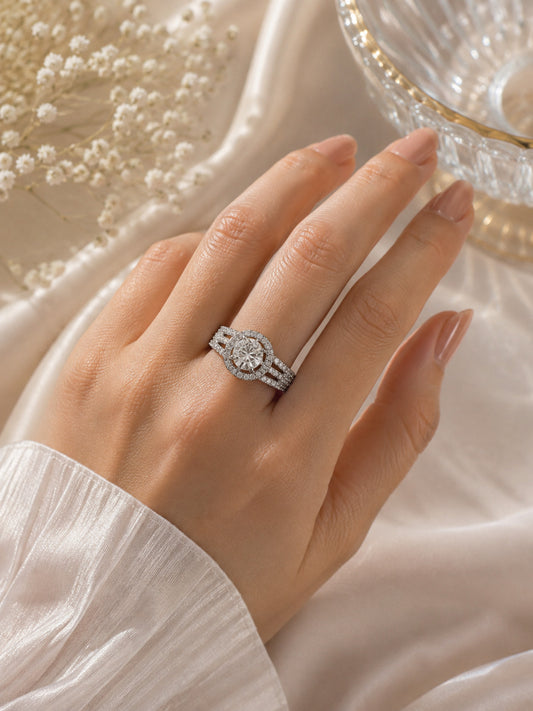 Shafaf Silver-Plated Round Halo AD Multi-Band Adjustable Ring