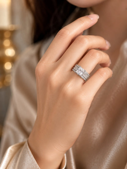 Shafaf Silver-Plated Princess Cut & Baguette AD Anti-Tarnish Adjustable Ring