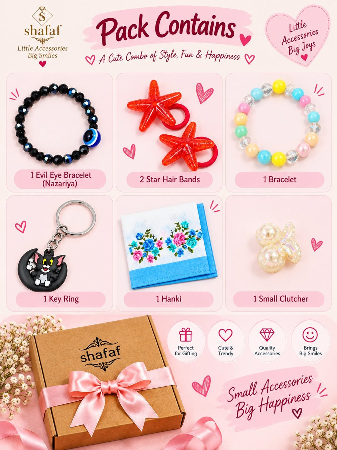 Girls gift set with cute key ring, bracelet, star hair bands and hankie