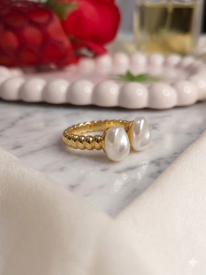 Shafaf Anti-Tarnish Double Pearl Ring for Women, Gold Plated Adjustable Statement Ring I Aesthetic Spiral Band Accessories for Gifting - 1pc