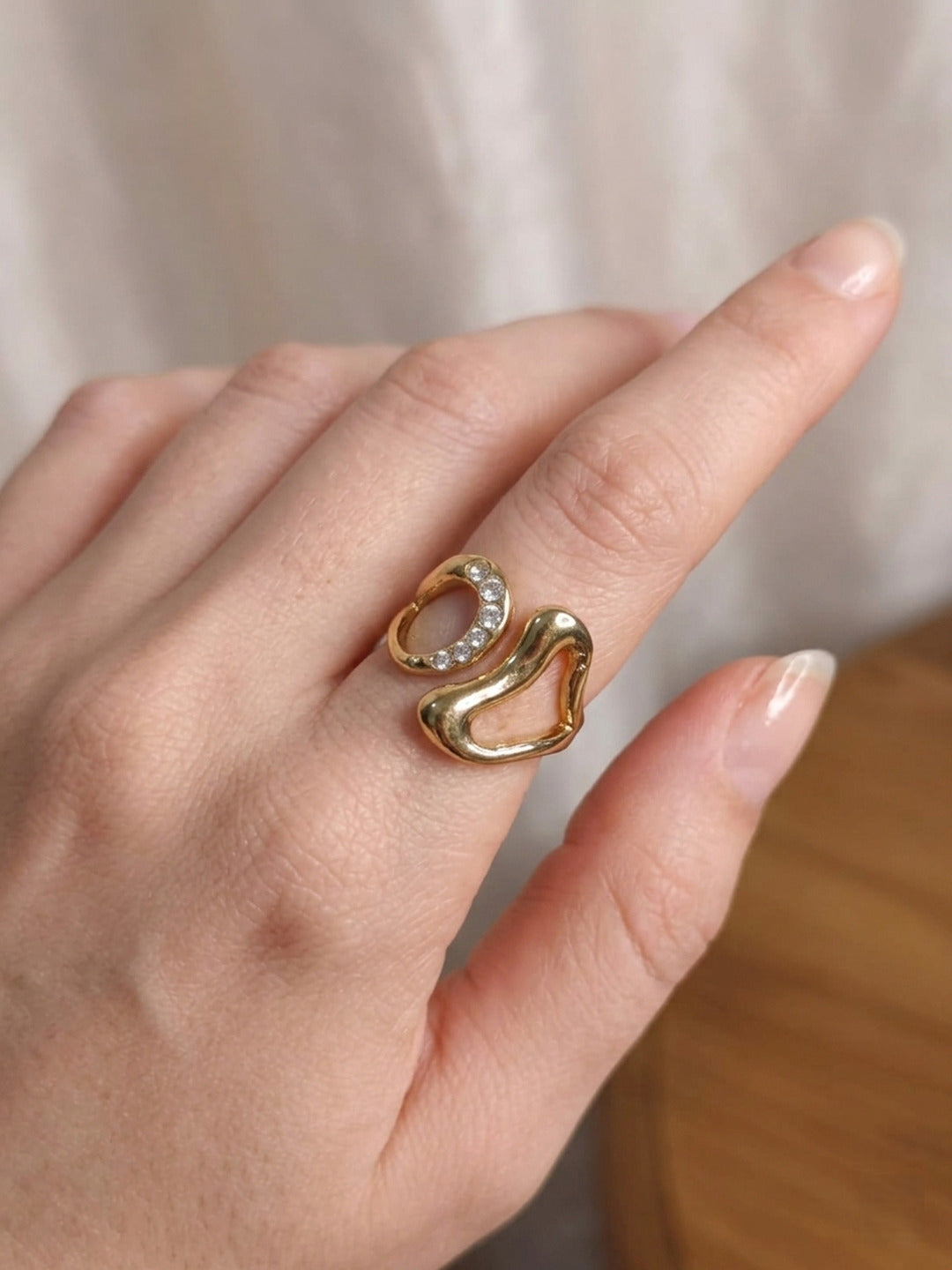 Shafaf Gold Plated Abstract Sculptural Open Ring for Women I Anti-Tarnish Geometric Statement Ring I Artistic Hollow Bypass Design with Sparkling Zirconia I Adjustable Minimalist Jewelry