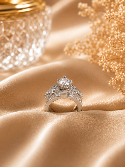 Shafaf Silver-Plated Round Cut & Baguette AD Adjustable Ring