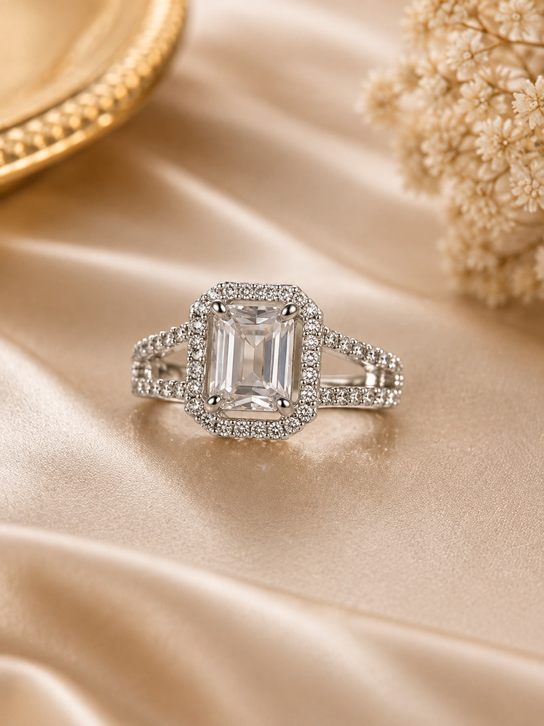 Shafaf Silver-Plated Emerald-Cut Halo AD Adjustable Ring