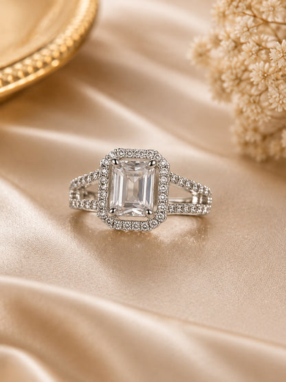 Shafaf Silver-Plated Emerald-Cut Halo AD Adjustable Ring