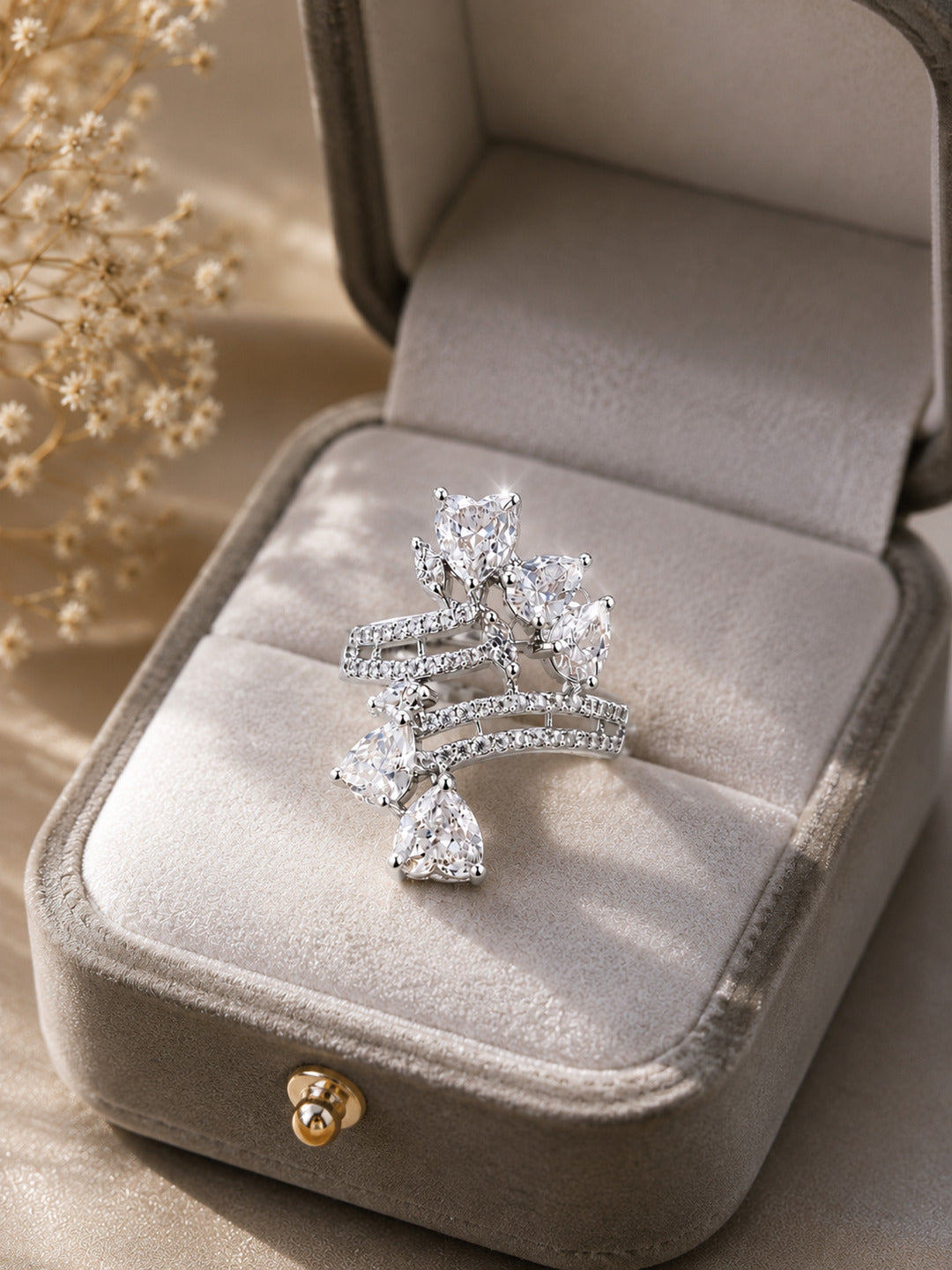 Shafaf Silver-Plated Sparkling AD Stone Cluster Adjustable Ring