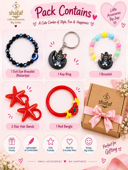 Girls accessories gift set with bracelet, cute key ring, star hair bands and bangle