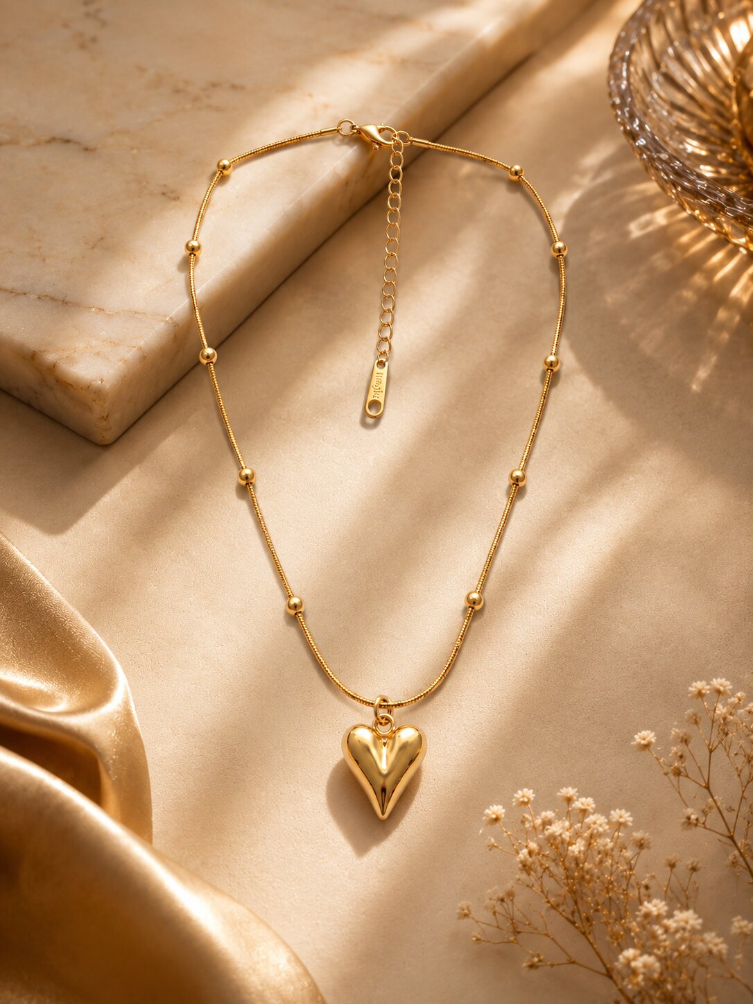 Shafaf Gold Puffed Heart Pendant with Beaded Chain for Women