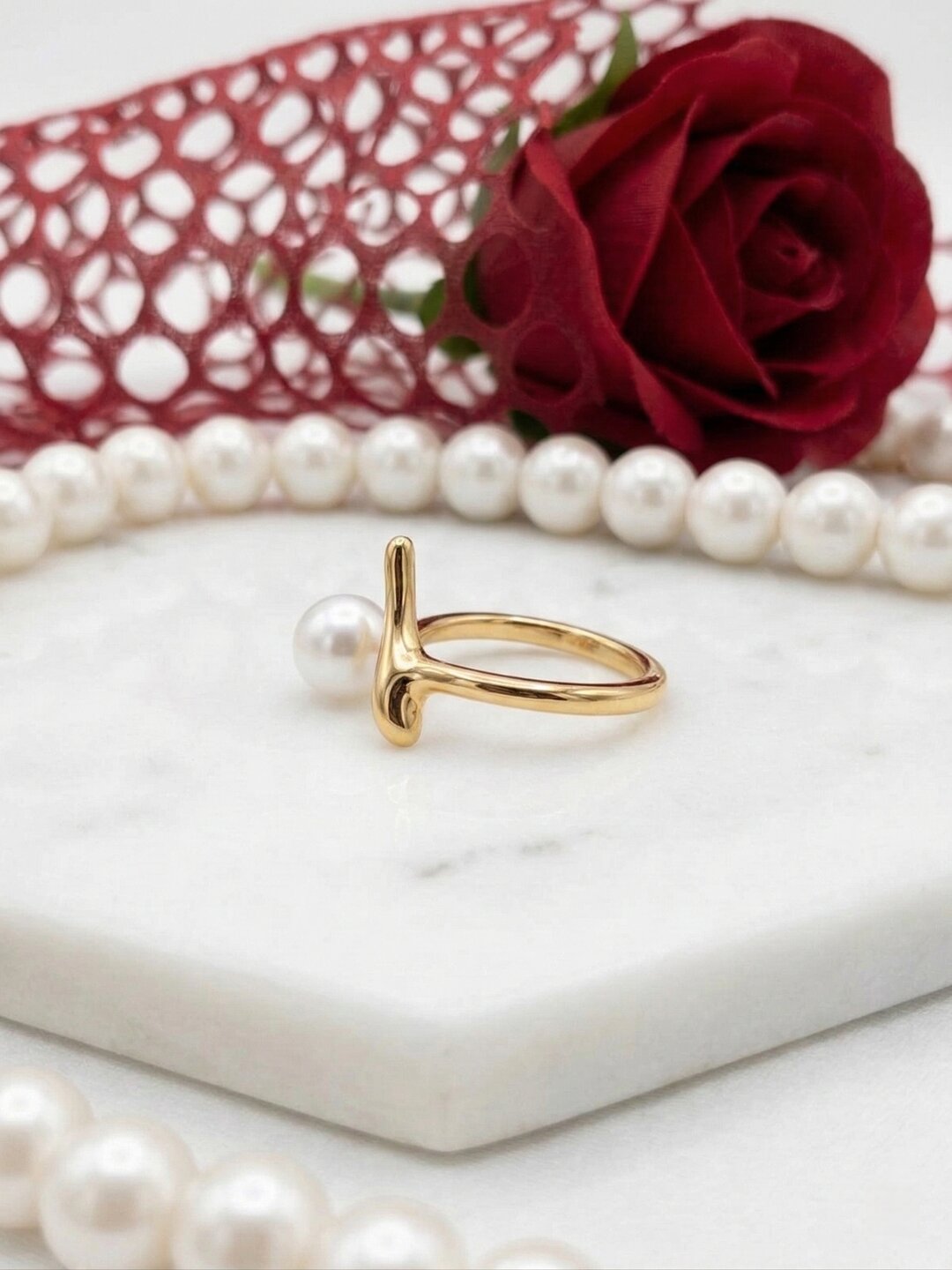 Shafaf Gold Plated Sculptural Pearl Open Ring for Women I Anti-Tarnish Abstract Branch Statement Ring, Unique Organic Minimalist Pearl Jewelry I Adjustable Artisan Bypass Band