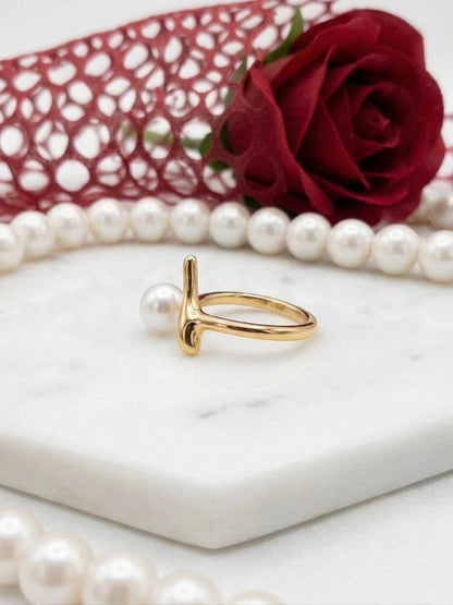 Shafaf Gold Plated Sculptural Pearl Open Ring for Women I Anti-Tarnish Abstract Branch Statement Ring, Unique Organic Minimalist Pearl Jewelry I Adjustable Artisan Bypass Band