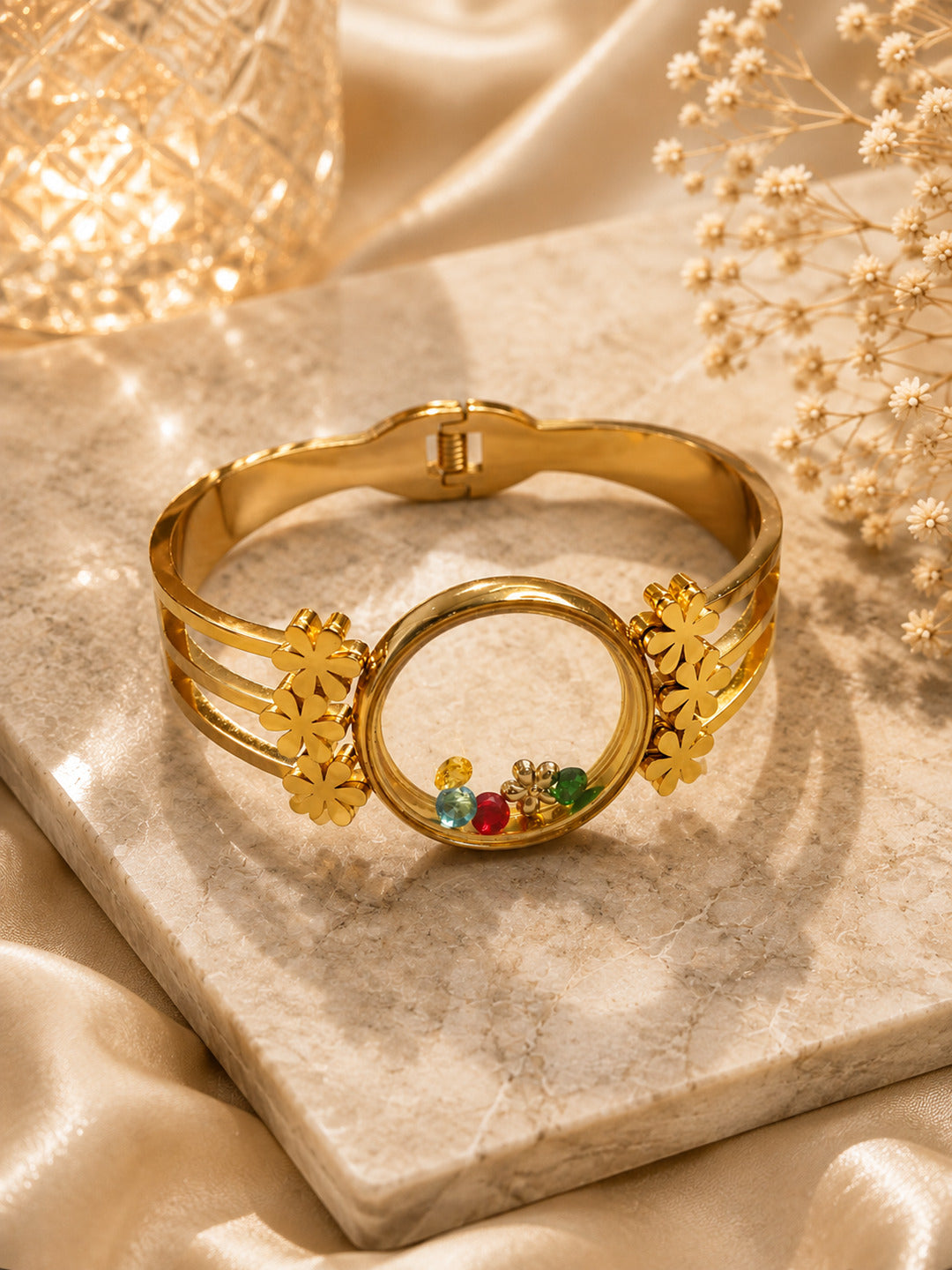Shafaf Gold-Plated Floating Multi-Color AD Stones Floral Anti-Tarnish Adjustable Bracelet