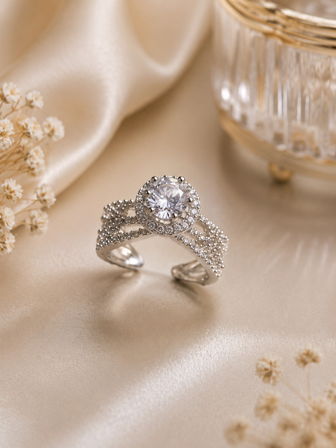 Shafaf Silver-Plated Round Halo AD Multi-Band Adjustable Ring