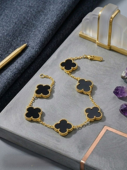 Shafaf Women's Reversible Clover Bracelet, Gold Chain with Black Motifs, Adjustable Length