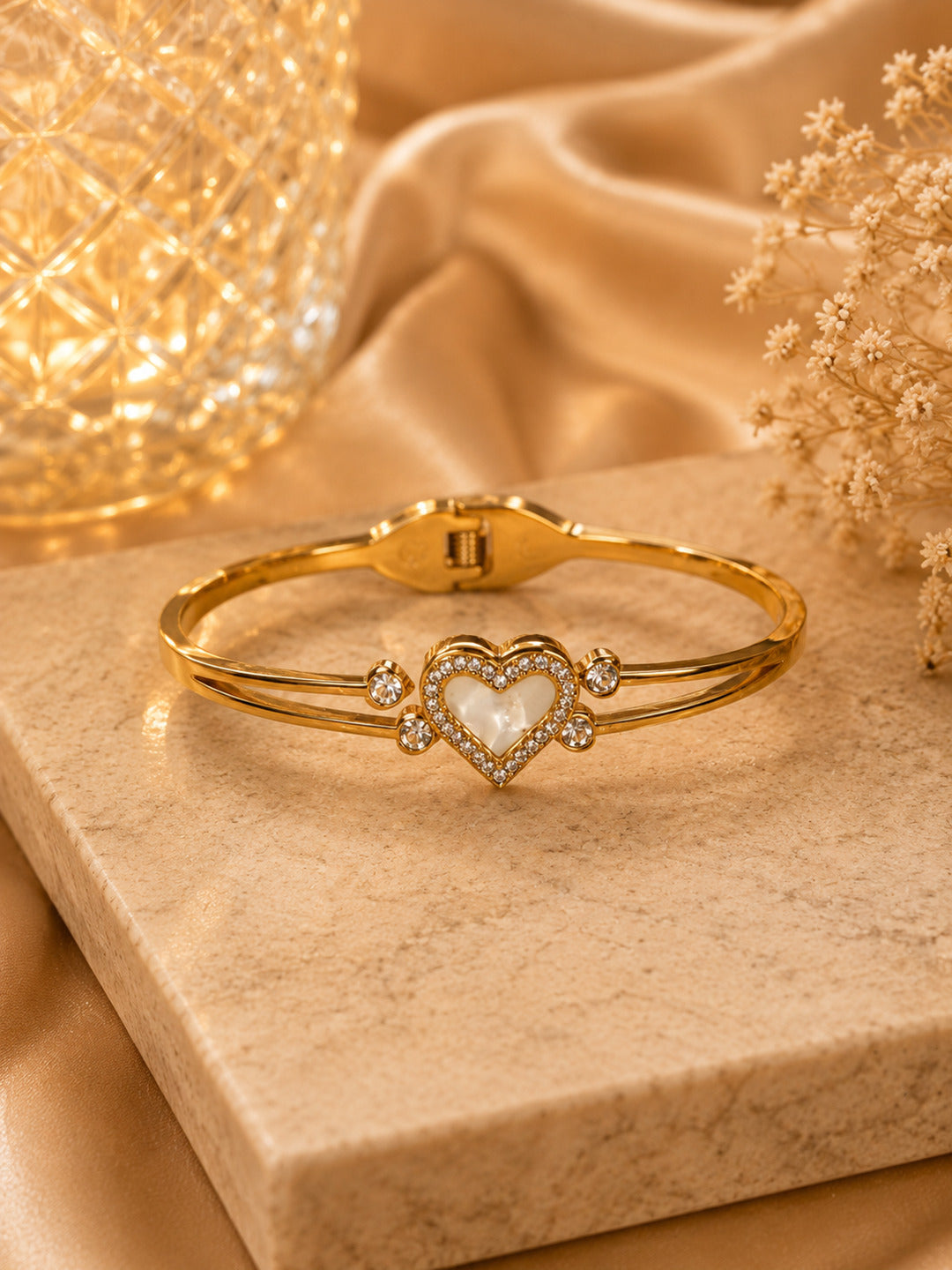 Shafaf Gold-Plated Mother of Pearl Heart & AD Stones Anti-Tarnish Adjustable Bracelet