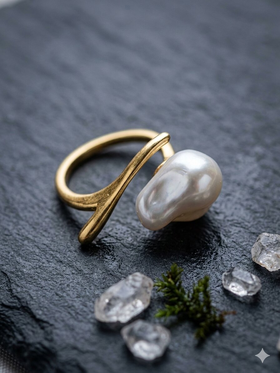 Shafaf Anti-Tarnish Baroque Pearl Ring for Women, Gold Plated Adjustable Irregular Pearl Statement Ring I Minimalist Jewelry, Ideal Gifting & Bridal Accessories - 1pc