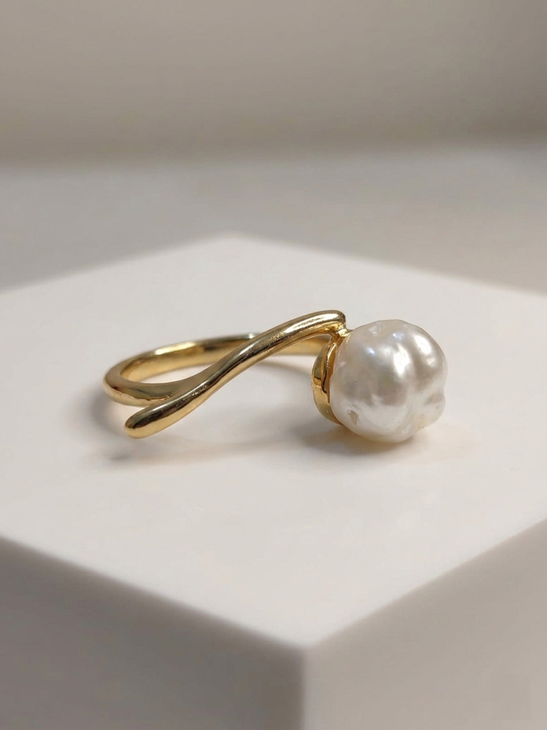 Shafaf Gold Plated Baroque Pearl Bypass Ring for Women, Anti-Tarnish Handmade Irregular Cultured Pearl Statement Ring I Unique Organic Minimalist Jewelry Adjustable Open Band Gifting for Her