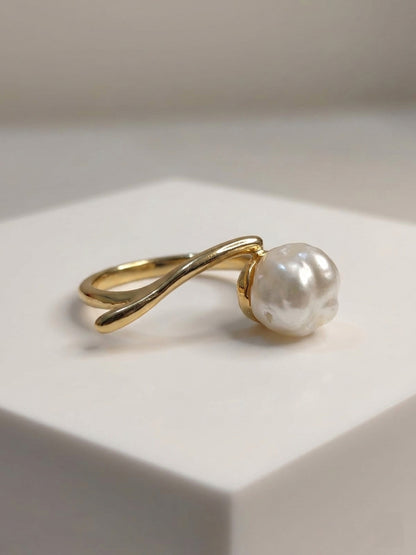 Shafaf Gold Plated Baroque Pearl Bypass Ring for Women, Anti-Tarnish Handmade Irregular Cultured Pearl Statement Ring I Unique Organic Minimalist Jewelry Adjustable Open Band Gifting for Her