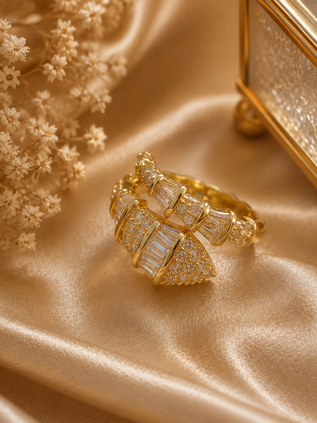 Shafaf Gold-Plated Croissant Dome Baguette & Pave AD Anti-Tarnish Adjustable Ring