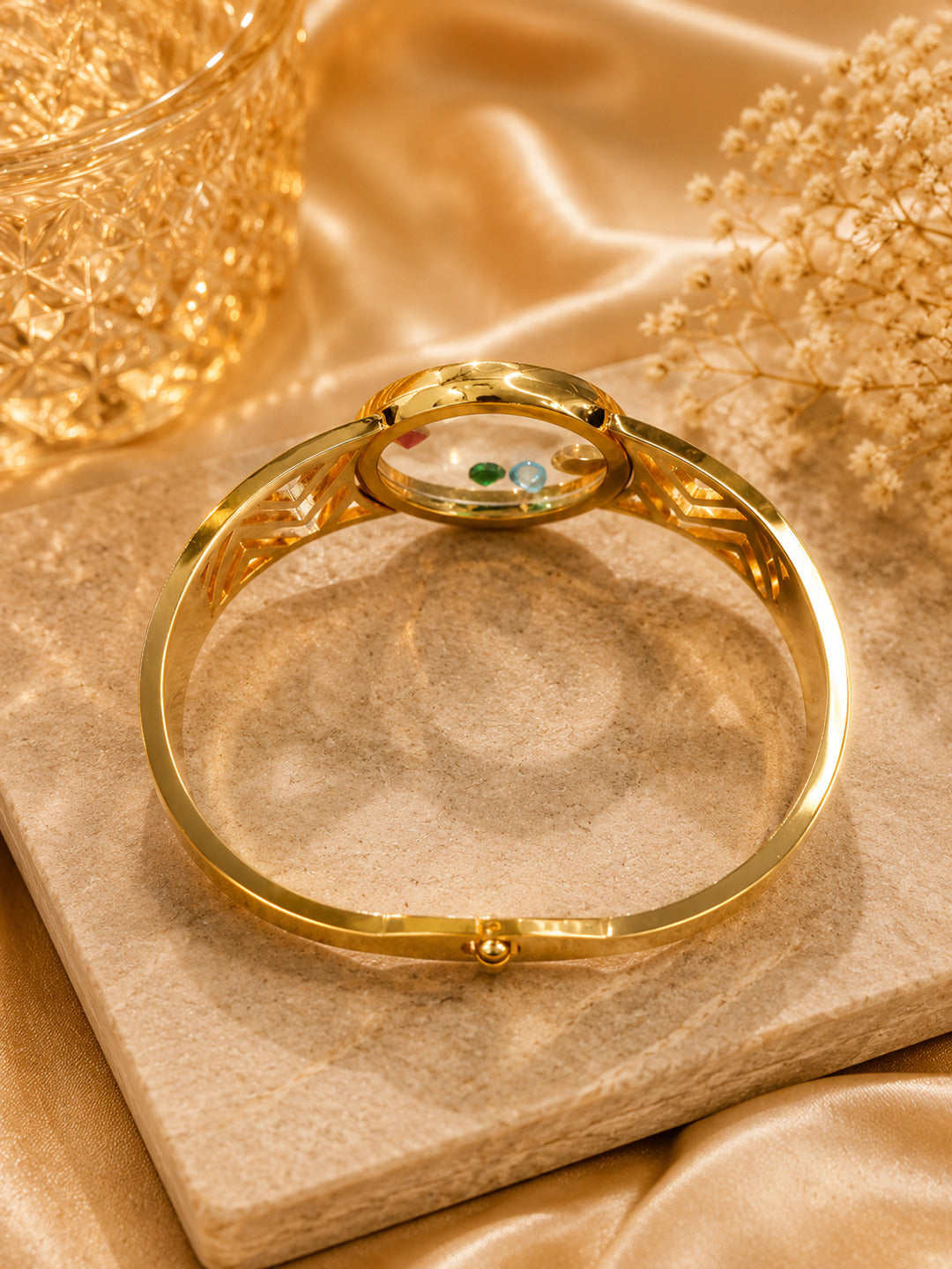 Shafaf Gold-Plated Floating Multi-Color AD Stones Geometric Anti-Tarnish Adjustable Bracelet