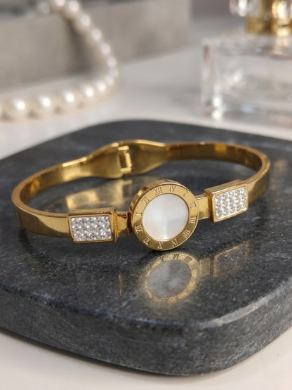 Shafaf Gold Plated Bangle Bracelet for Women I Elegant Mother of Pearl & Tarnish-Free Cuff Bracelet