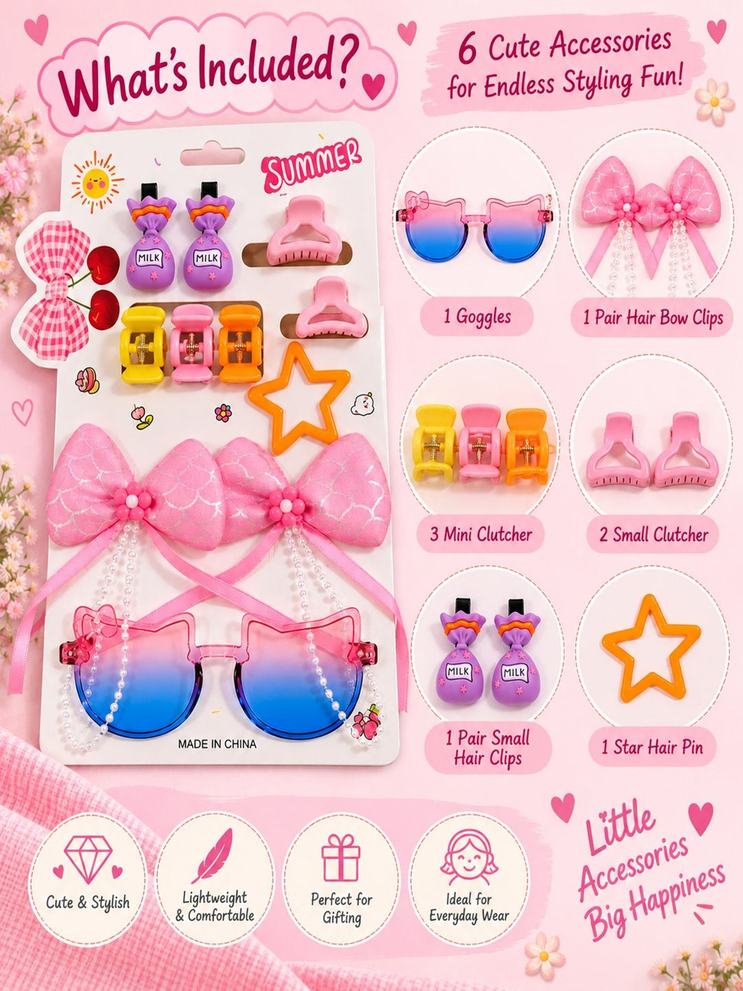 Adorable summer hair accessories and goggles gift combo set for girls