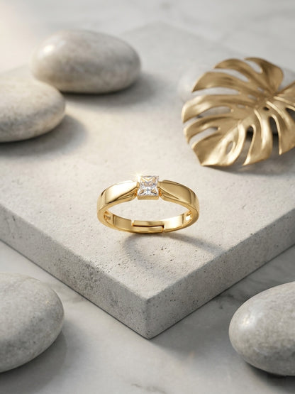 Shafaf Minimalist Princess-Cut Solitaire Ring for Women I Premium Gold-Plated Anti-Tarnish Adjustable Band I Modern Geometric Statement Jewelry for Everyday Elegance