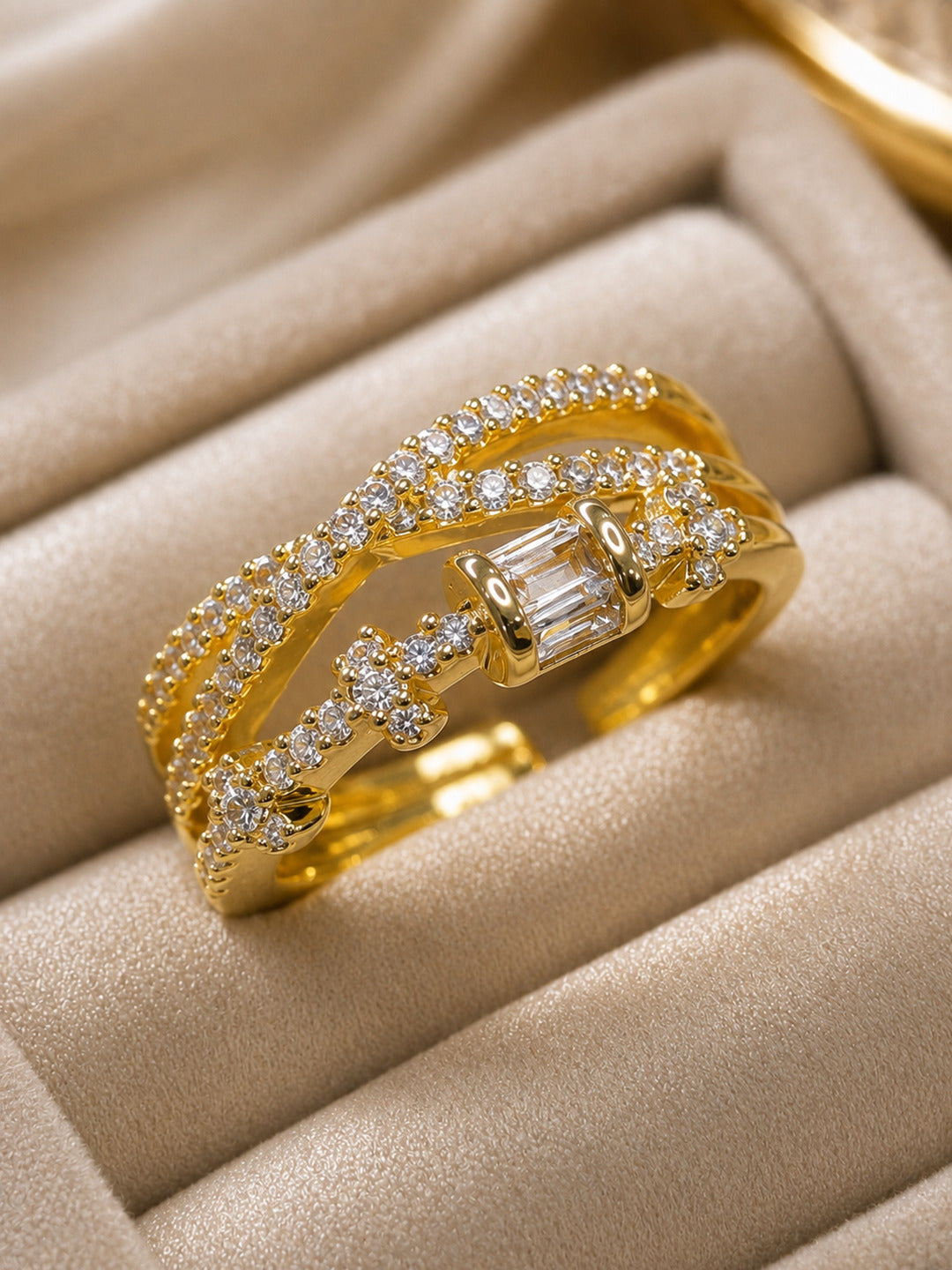 Shafaf Gold-Plated Multi-Band Baguette & Pave AD Anti-Tarnish Adjustable Ring