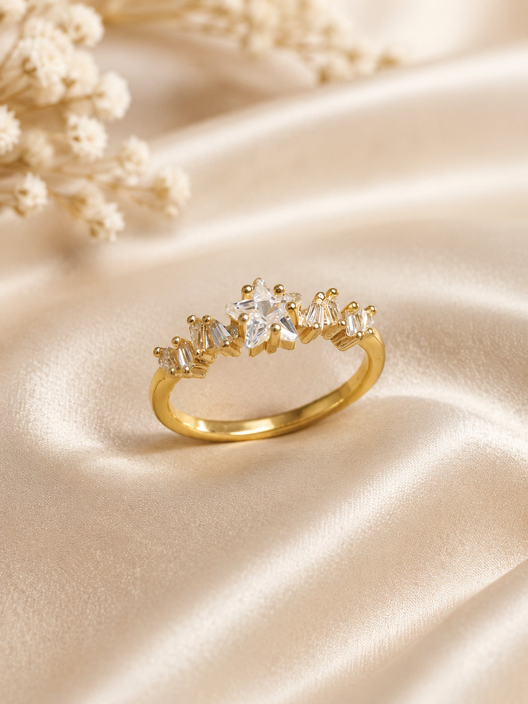 Shafaf Gold-Plated Star & Baguette AD Anti-Tarnish Adjustable Ring