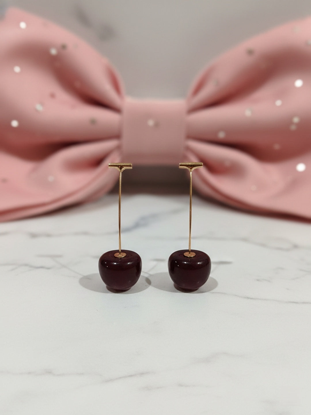 Shafaf Realistic Deep Red Cherry Drop Earrings with Gold Stems For Women and Girls