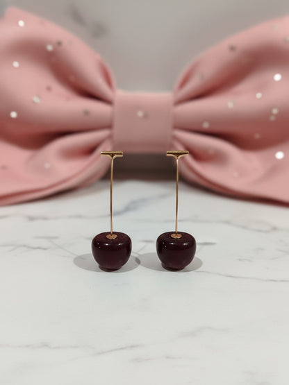 Shafaf Realistic Deep Red Cherry Drop Earrings with Gold Stems For Women and Girls
