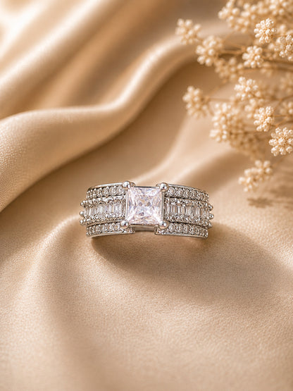 Shafaf Silver-Plated Princess Cut & Baguette AD Anti-Tarnish Adjustable Ring