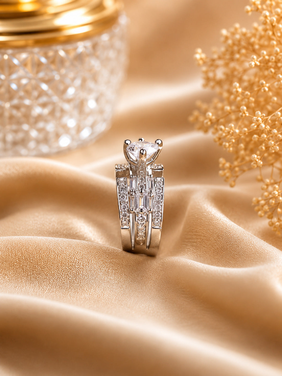 Shafaf Silver-Plated Round Cut & Baguette AD Adjustable Ring