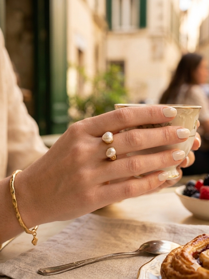 Shafaf Anti-Tarnish Double Pearl Ring for Women, Gold Plated Adjustable Statement Ring I Aesthetic Spiral Band Accessories for Gifting - 1pc