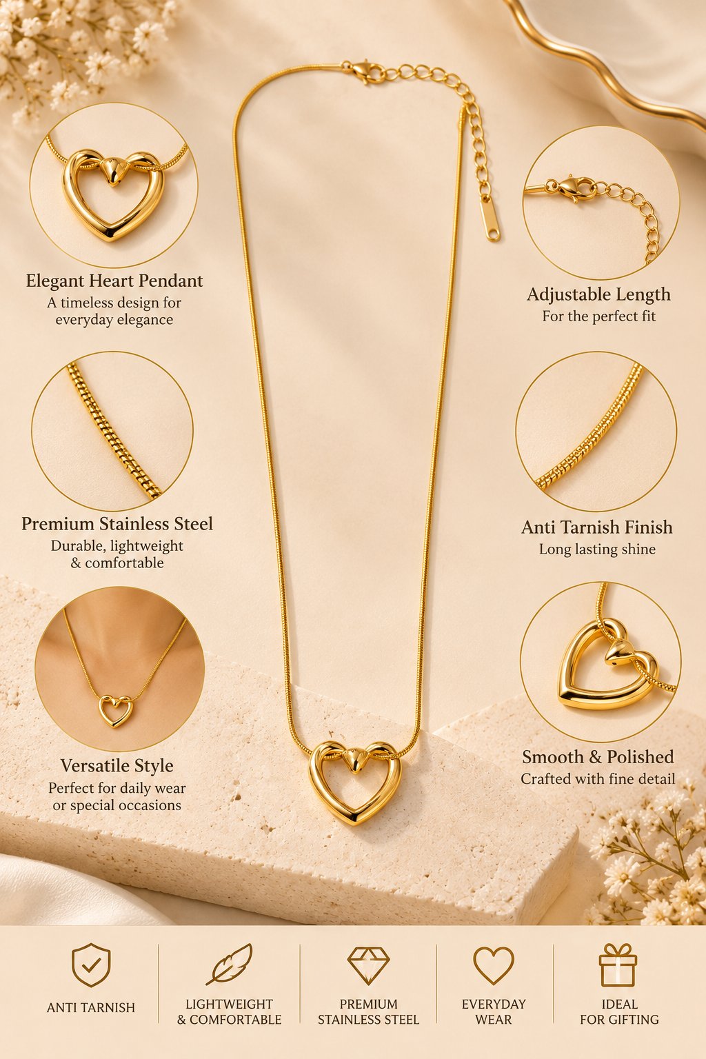 Heart pendant gold chain necklace with anti-tarnish finish for women, featuring a delicate heart-shaped design.
